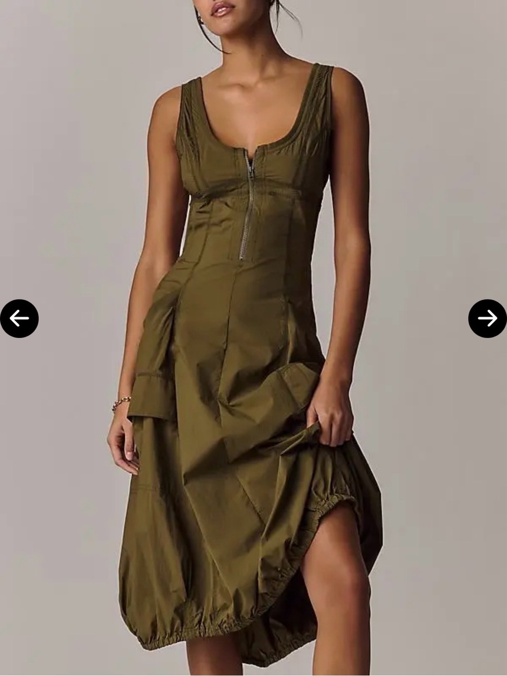 100% cotton Sleeveless Olive Green Zip-Front Midi Dress bubble hem backless